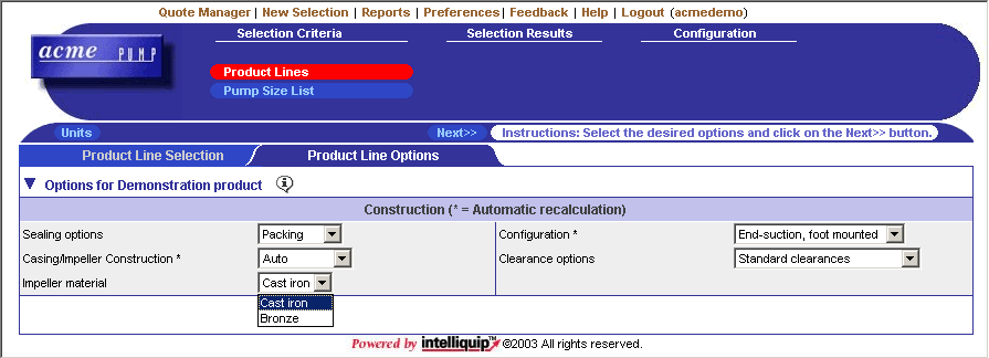 Selector Product Line Options Cat Subcat Options